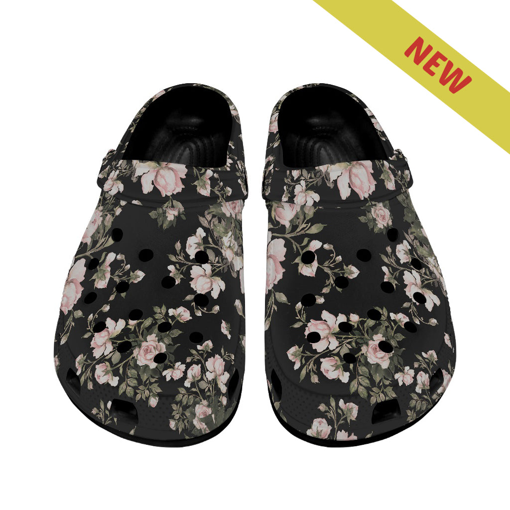 Black Floral Pattern Women's Clogs Style Black Sole