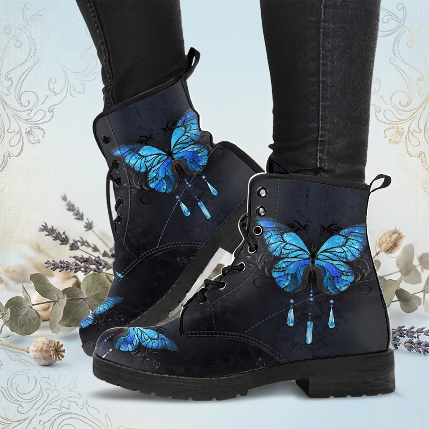Blue butterfly Women's Vegan Leather Boots
