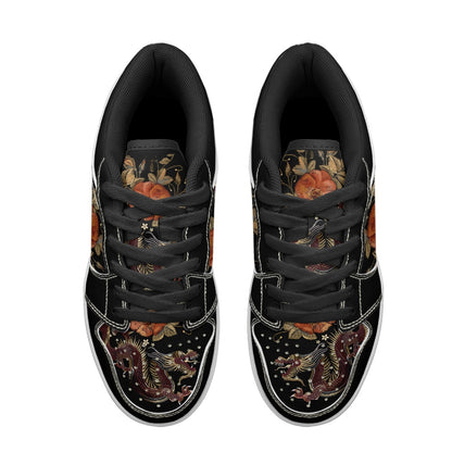 Two Chinese Dragons with Rose Flowers Vegan Leather Sneakers