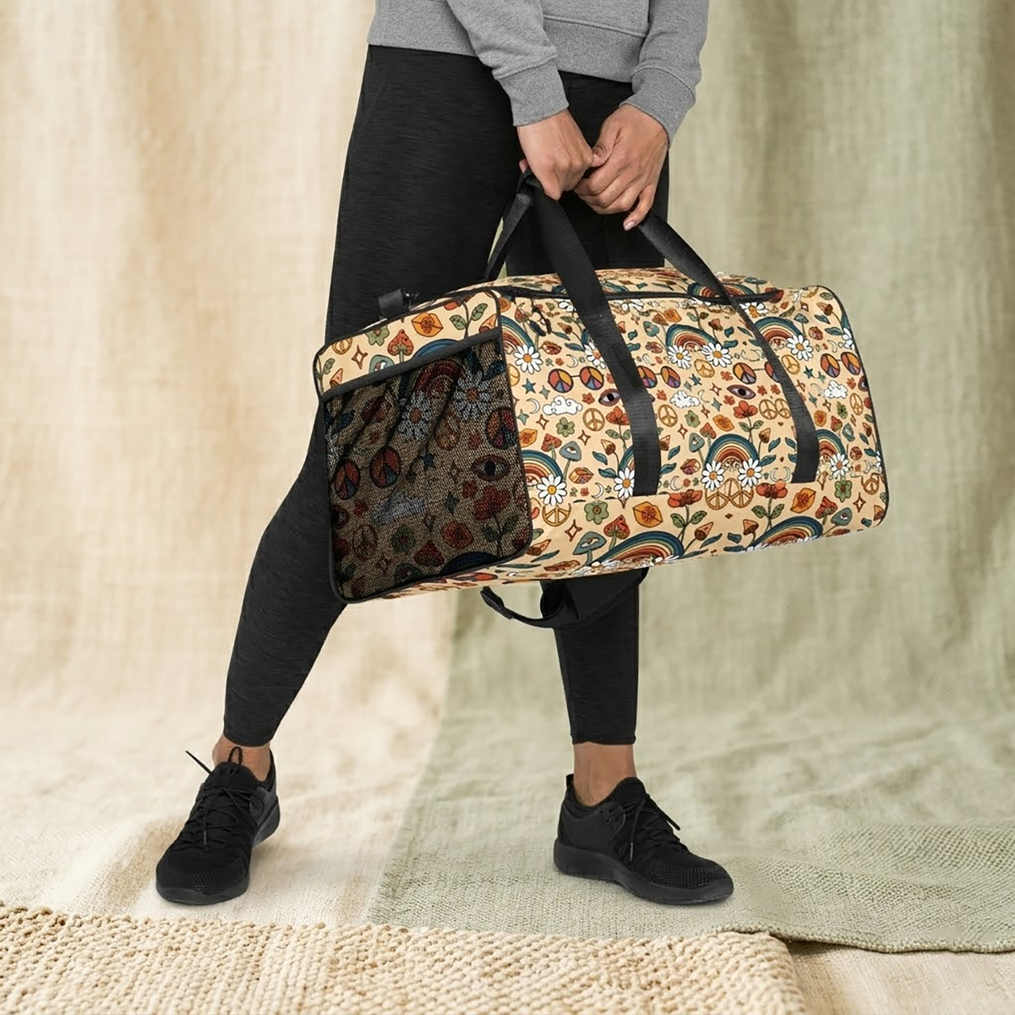 Boho Rainbow and Trippy Mushrooms Duffle Bag