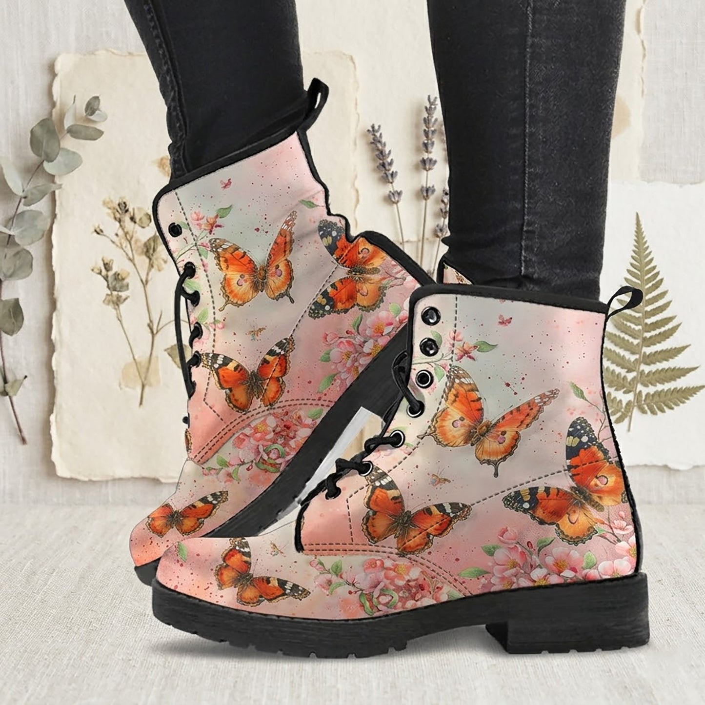 Watercolor Spring Butterfly Women's Vegan Leather Combat Boots