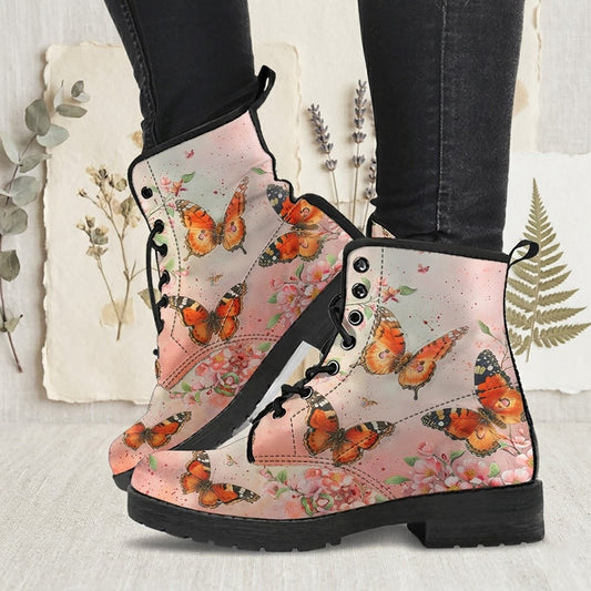 Watercolor Spring Butterfly Women's Vegan Leather Combat Boots