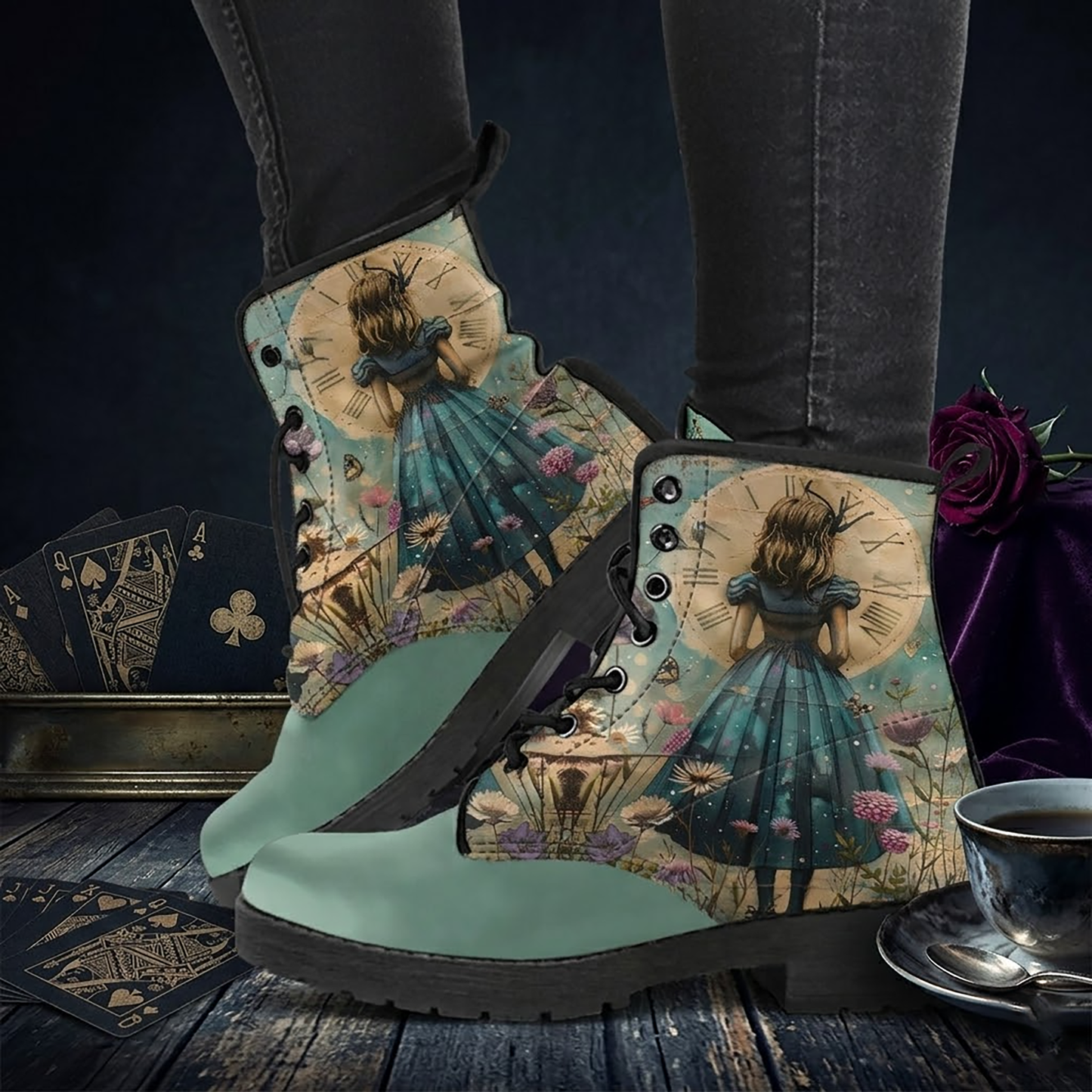 Alice in Wonderland Dark Women's Vegan Leather Combat Boots