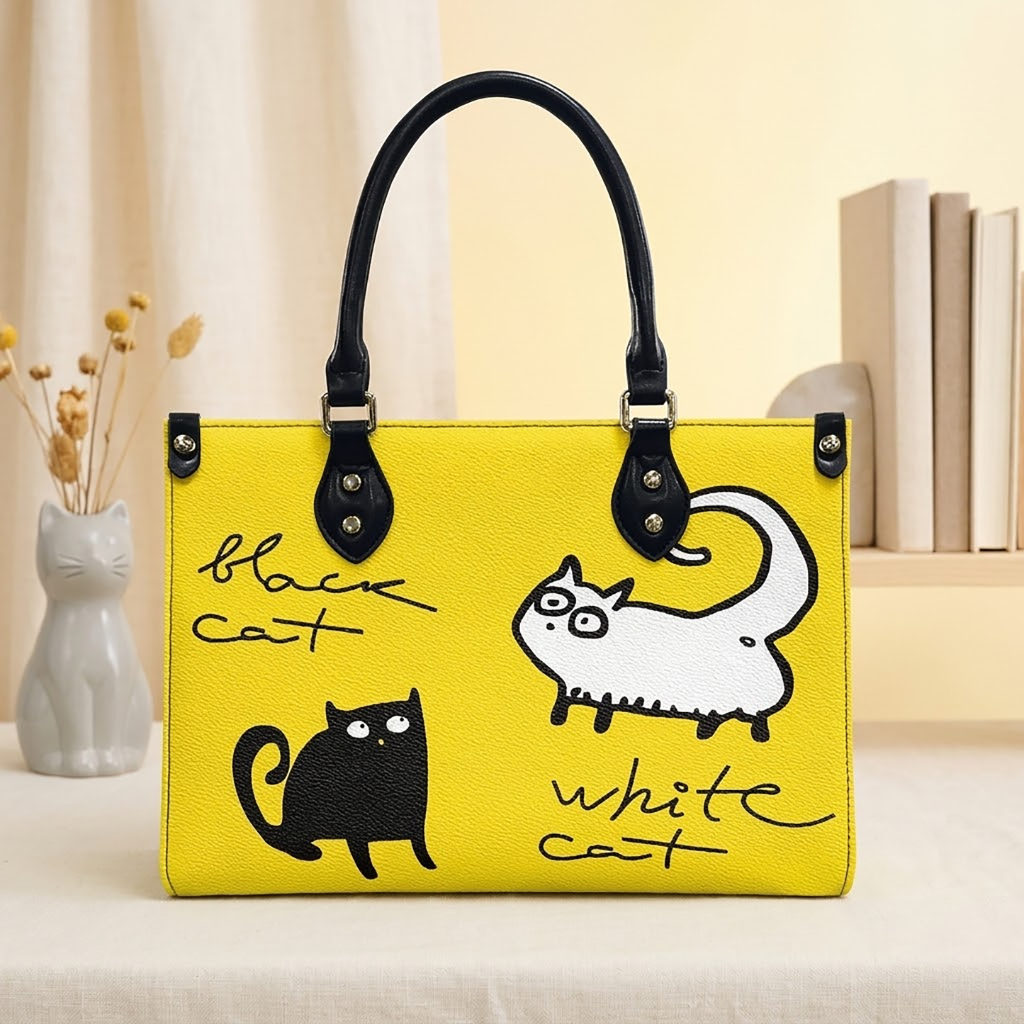 Black and White Cat on Yellow Women's Vegan Leather Handbag