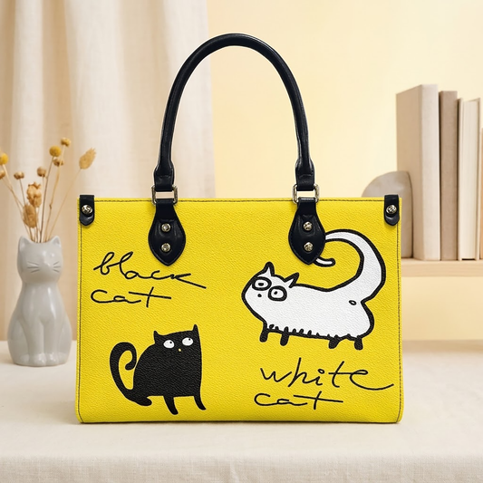 Black and White Cat on Yellow Women's Vegan Leather Handbag