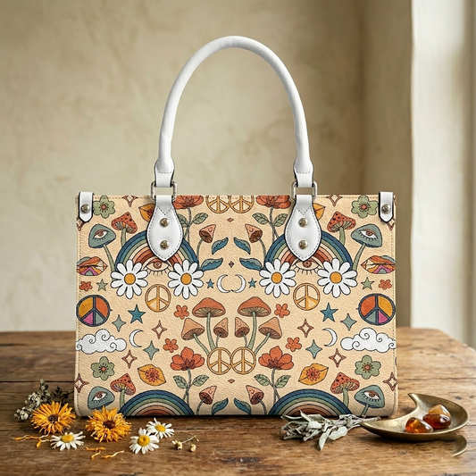 Boho Rainbow and Trippy Mushrooms Women's Vegan Leather Handbag