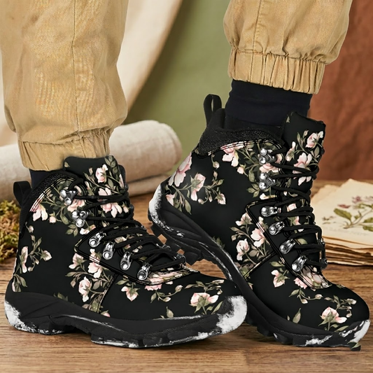 Black Floral Pattern Women's Alpine Boots