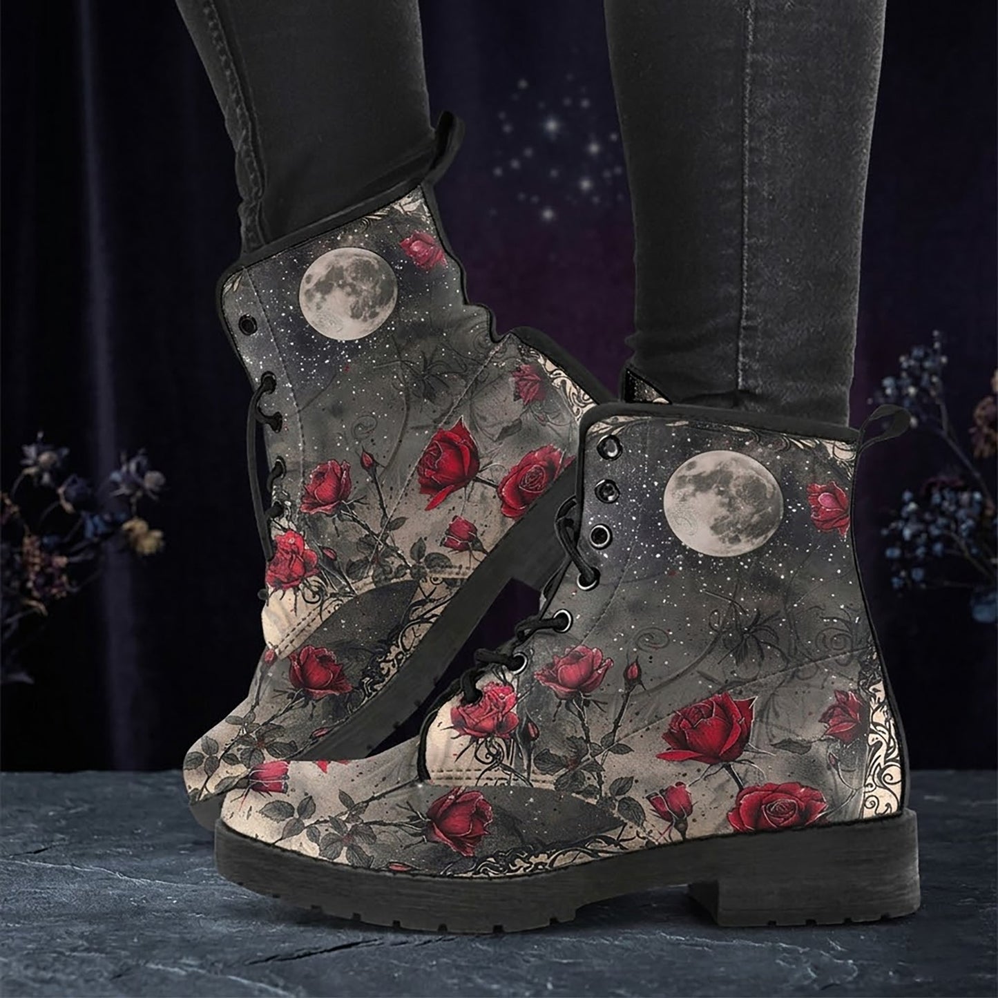 Dark Floral Moon Women's Vegan Leather Boots