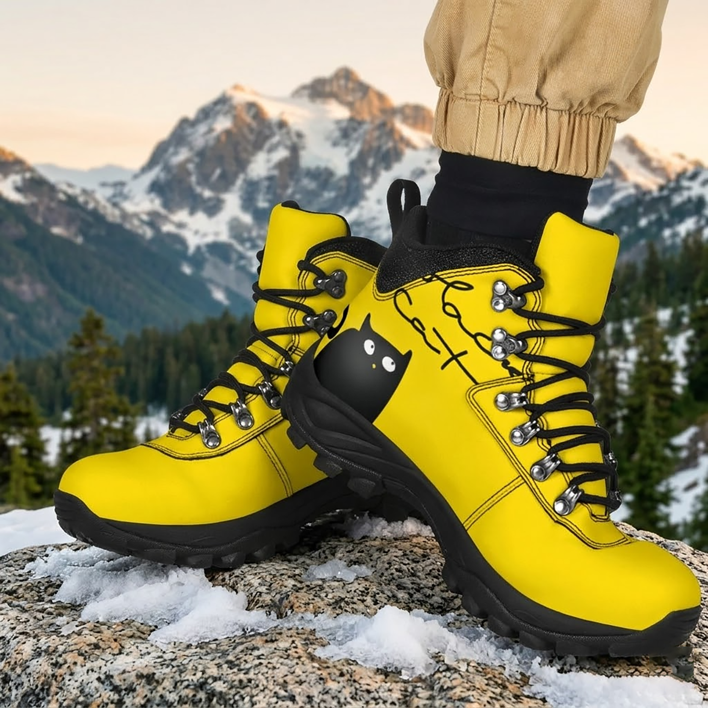 Black and White Cat on Yellow Women's Alpine Boots READY TO SHIP