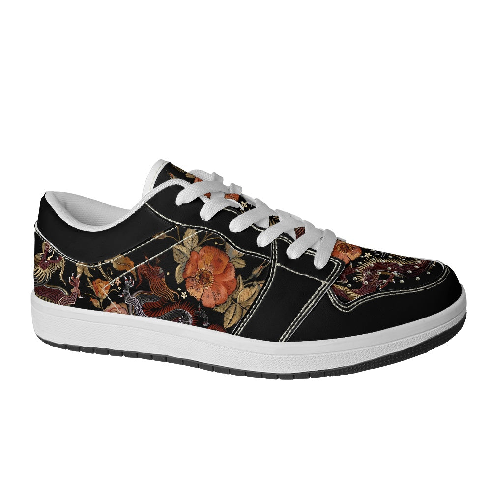 Two Chinese Dragons with Rose Flowers Vegan Leather Sneakers