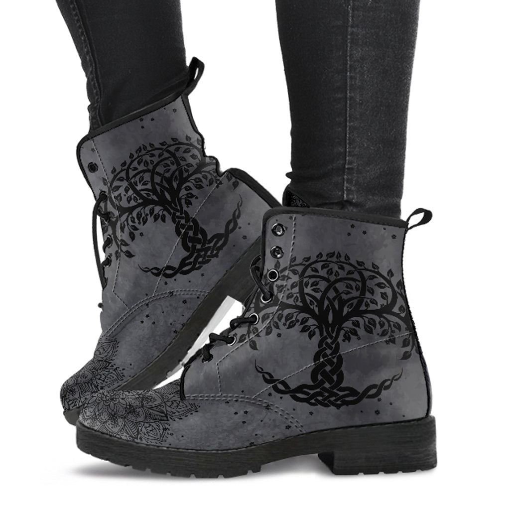 Grey Tree Of Life Handcrafted Women's Vegan Leather Boots