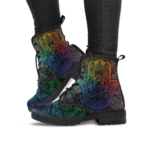 Colorful Hamsa Hand Handcrafted Women's Vegan Leather Combat Boots