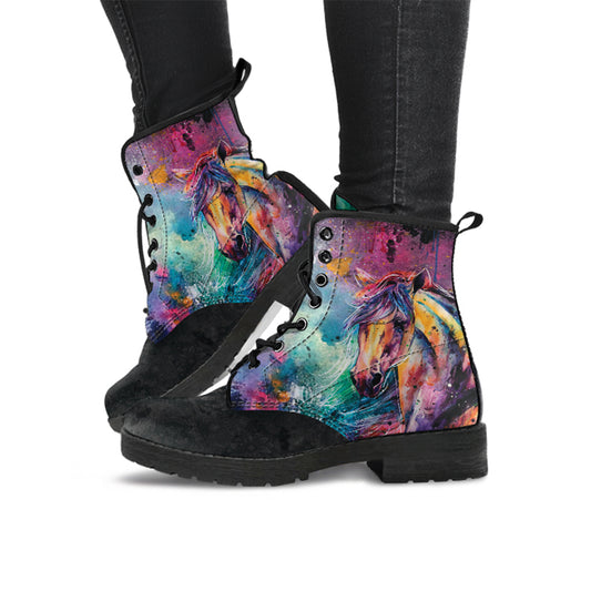 Colorful Horse Head Women's Vegan Leather Combat Boots