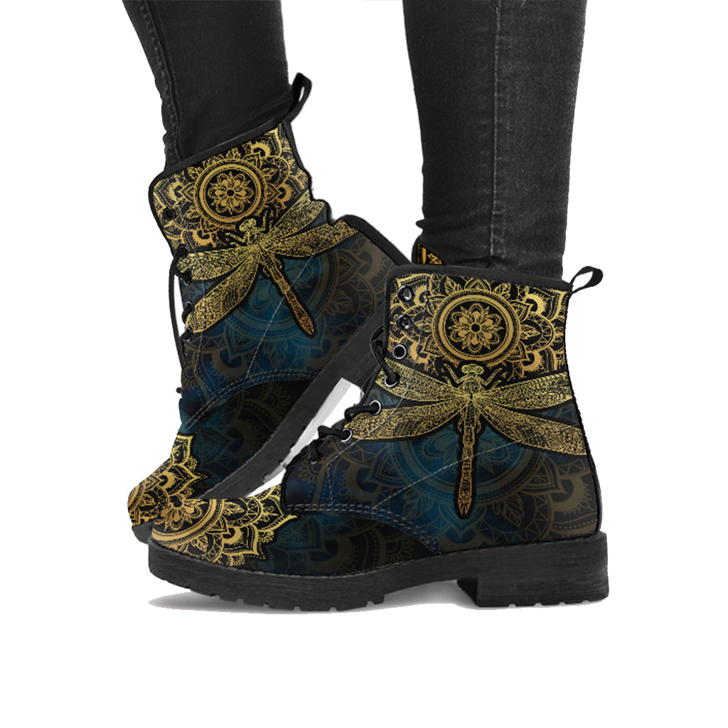 Mandala Dragonfly Gold Handcrafted Women's Vegan Leather Combat Boots