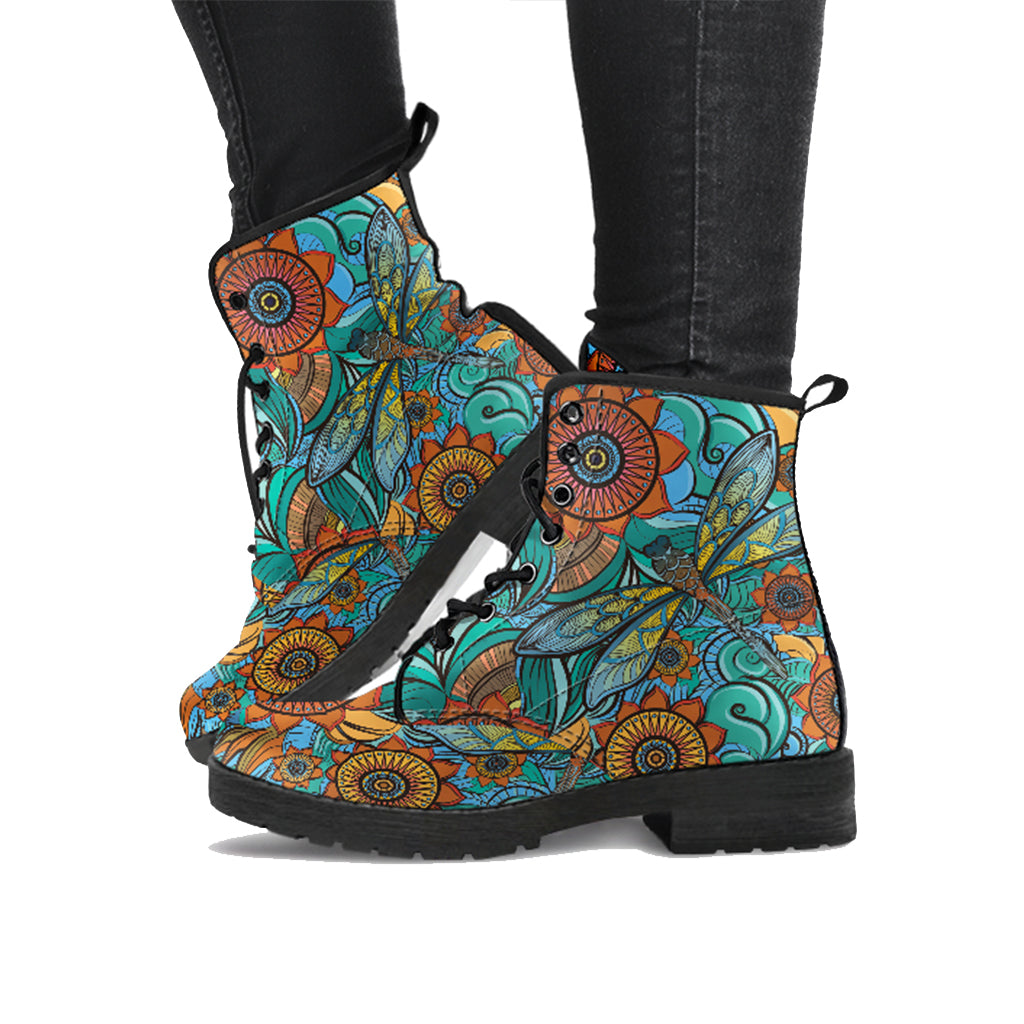 Dragonfly Mandalas Women's Vegan Leather Combat Boots