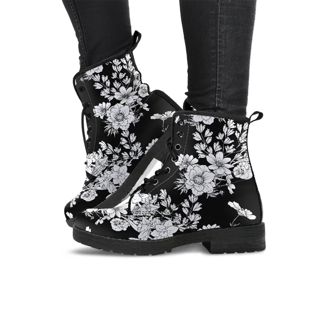 White Flowers Handcrafted Women's Vegan Leather Combat Boots