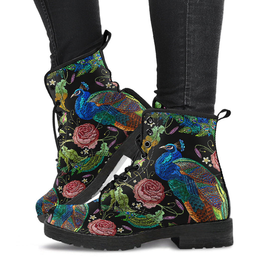 HandCrafted Artful Peacock Women's Vegan Leather Combat Boots