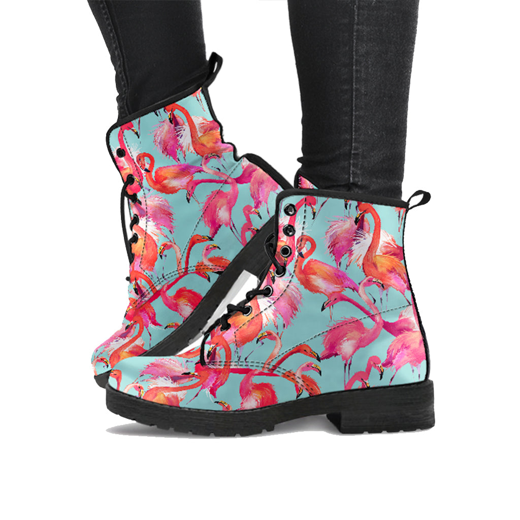 Handcrafted Pretty Flamingo Women's Vegan Leather Combat Boots