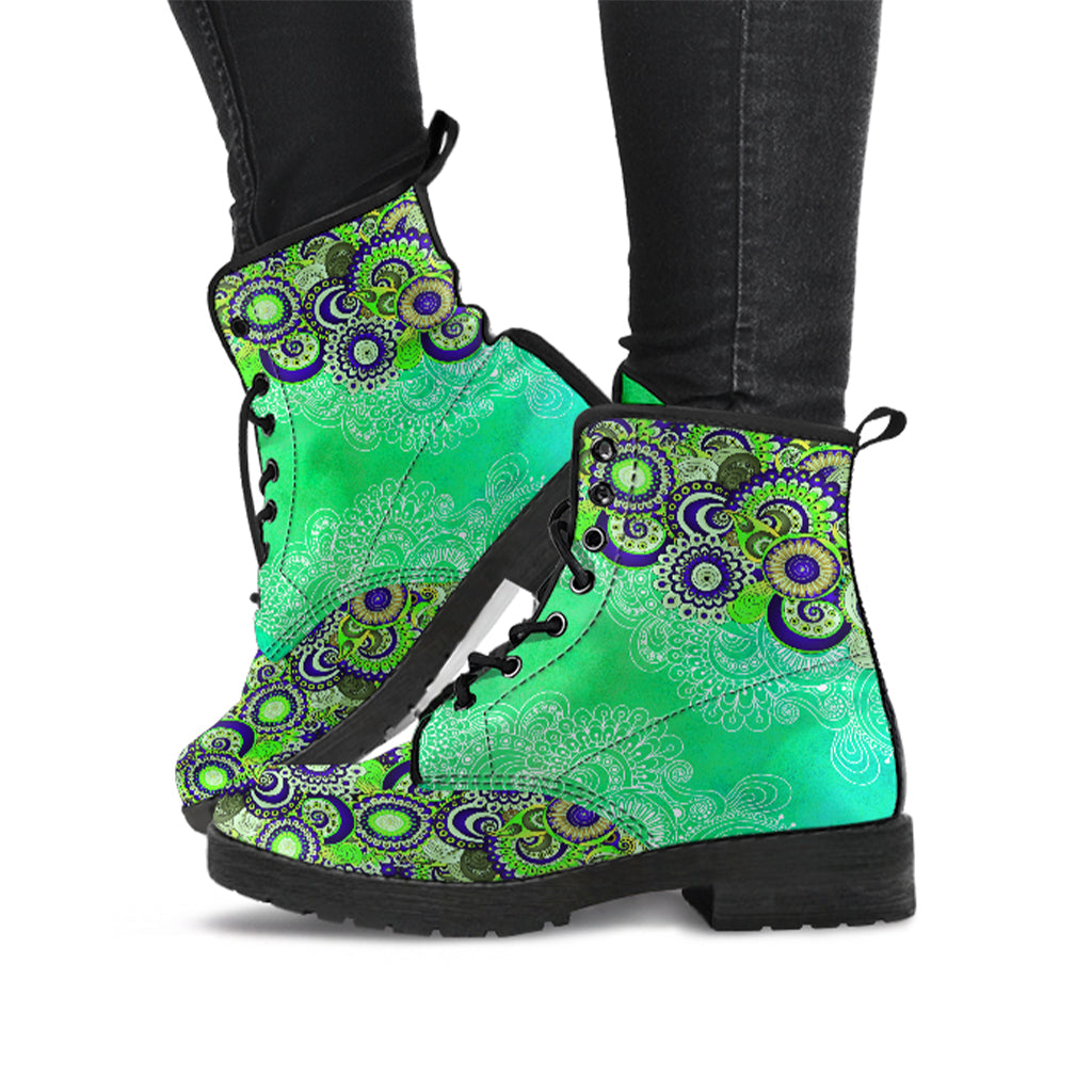 Green Paisley Mandala Handcrafted Women's Vegan Leather Boots