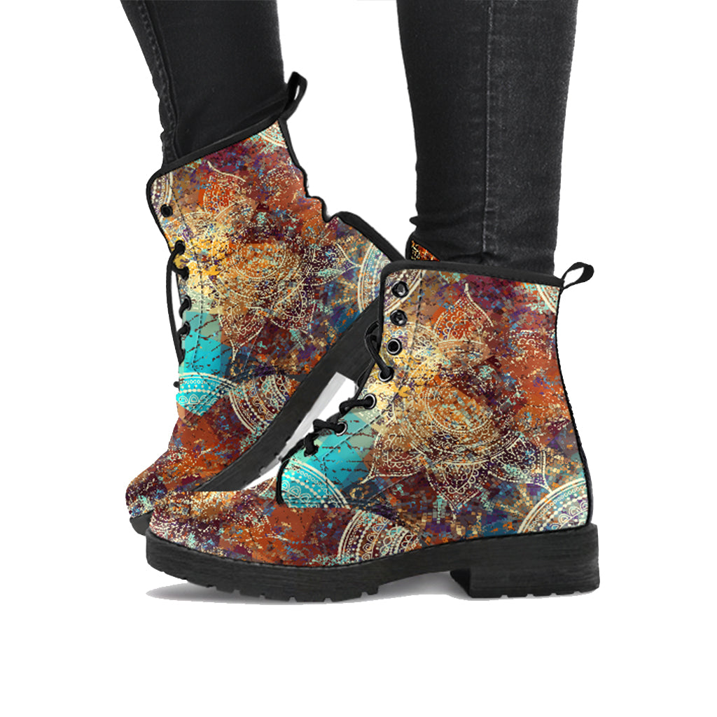 Vintage Mandala with Turquoise Splash Handcrafted Women's Vegan Leather Combat Boots