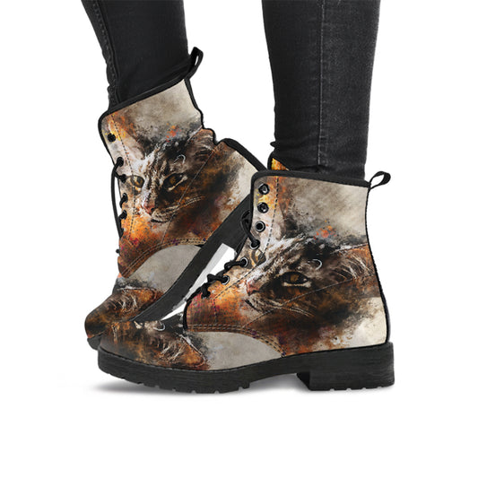 Cute Brown Cat Face Women's Vegan Leather Boots