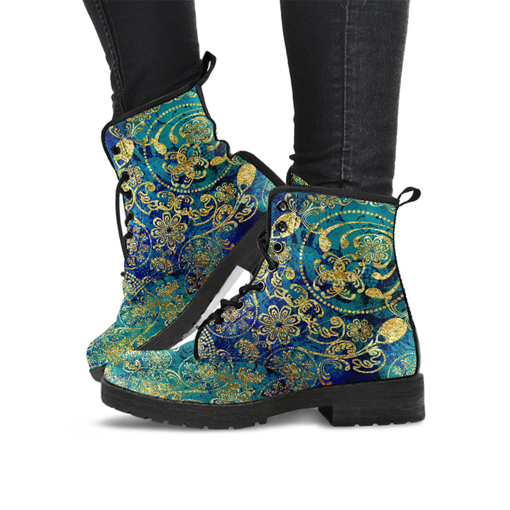 Gold FLoral Handcrafted Women's Vegan Leather Combat Boots