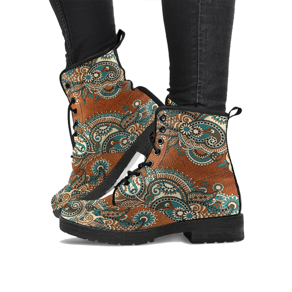 Brown Paisley Handcrafted Women's Vegan Leather Boots - READY TO SHIP