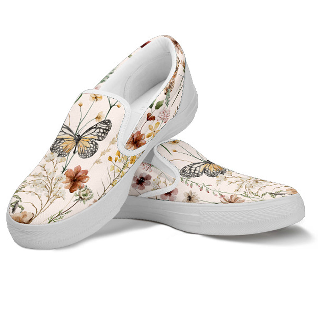 Tiny Bloom Watercolor Butterfly Women's Slip Ons