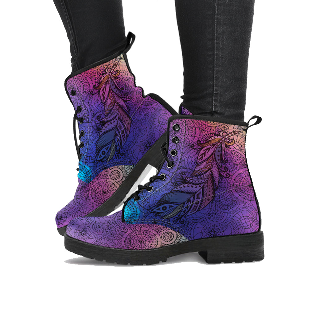 Purple Feather Mandala Vegan Leather Combat Boots