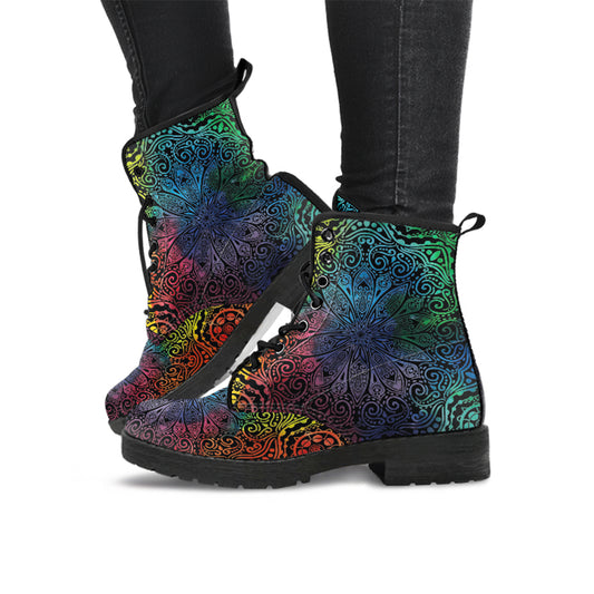 Rainbow Mandala Women's Leather Combat Boots