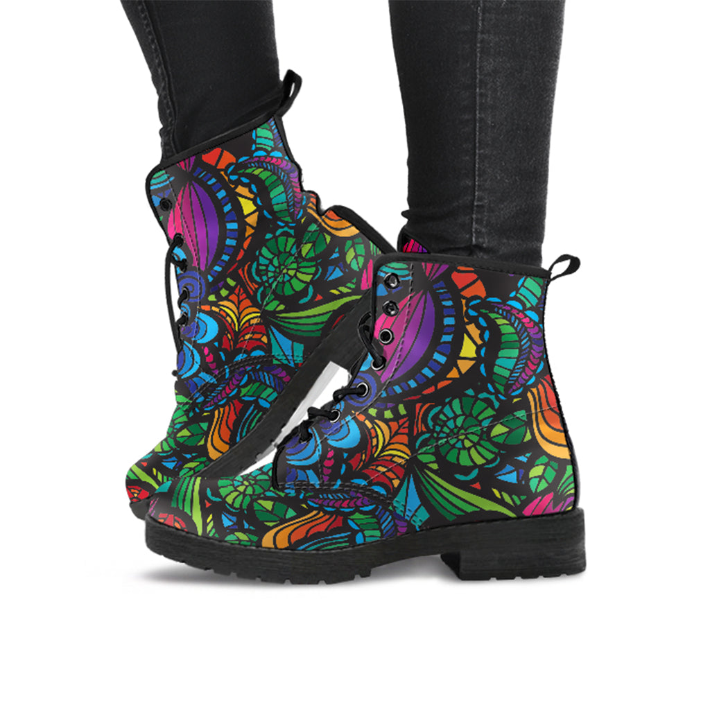 Mosaic Flower Handcrafted Women's Vegan Leather Combat Boots