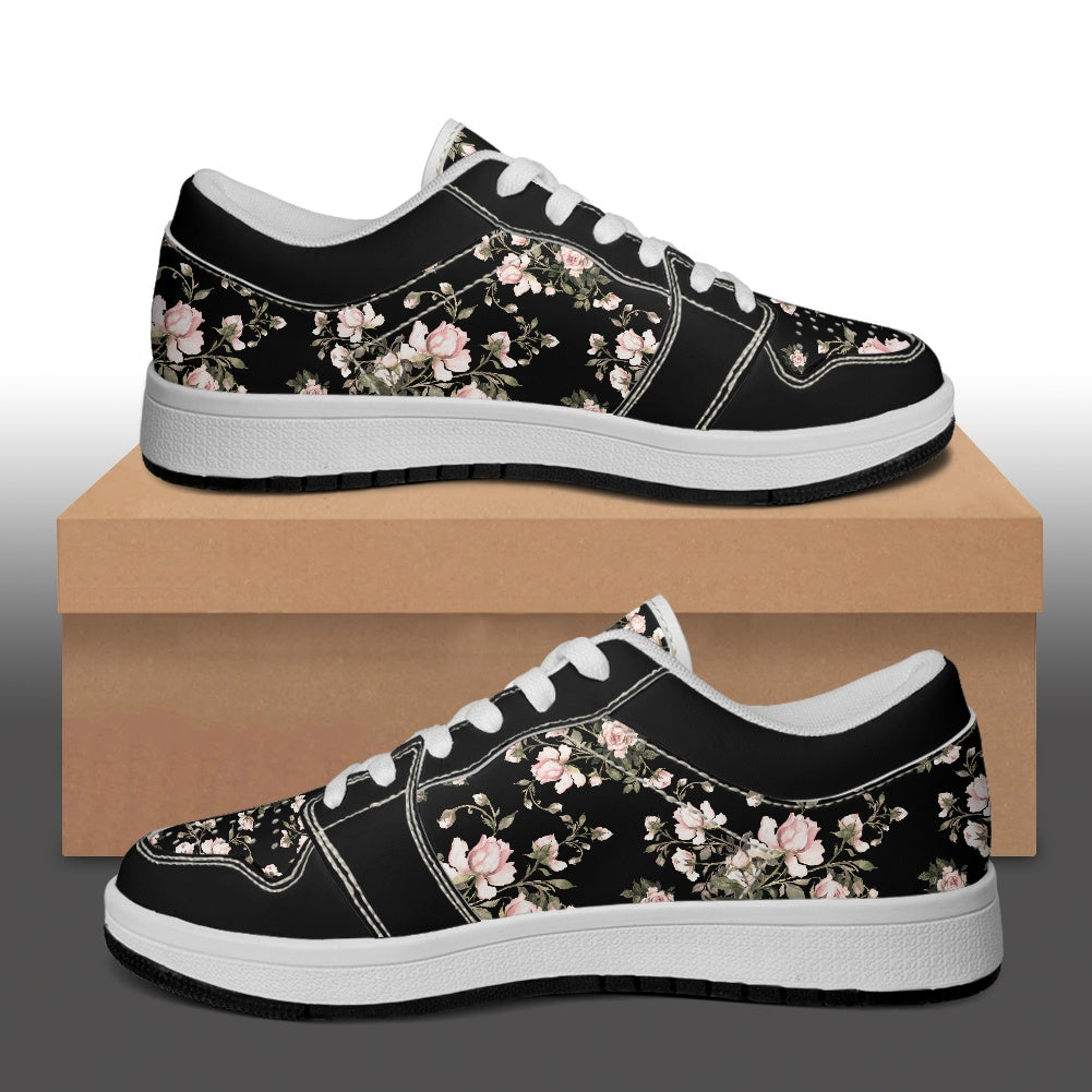 Black Floral Pattern Women's Low Top Vegan Leather Sneakers