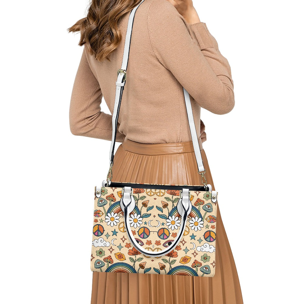 Boho Rainbow and Trippy Mushrooms Women's Vegan Leather Handbag