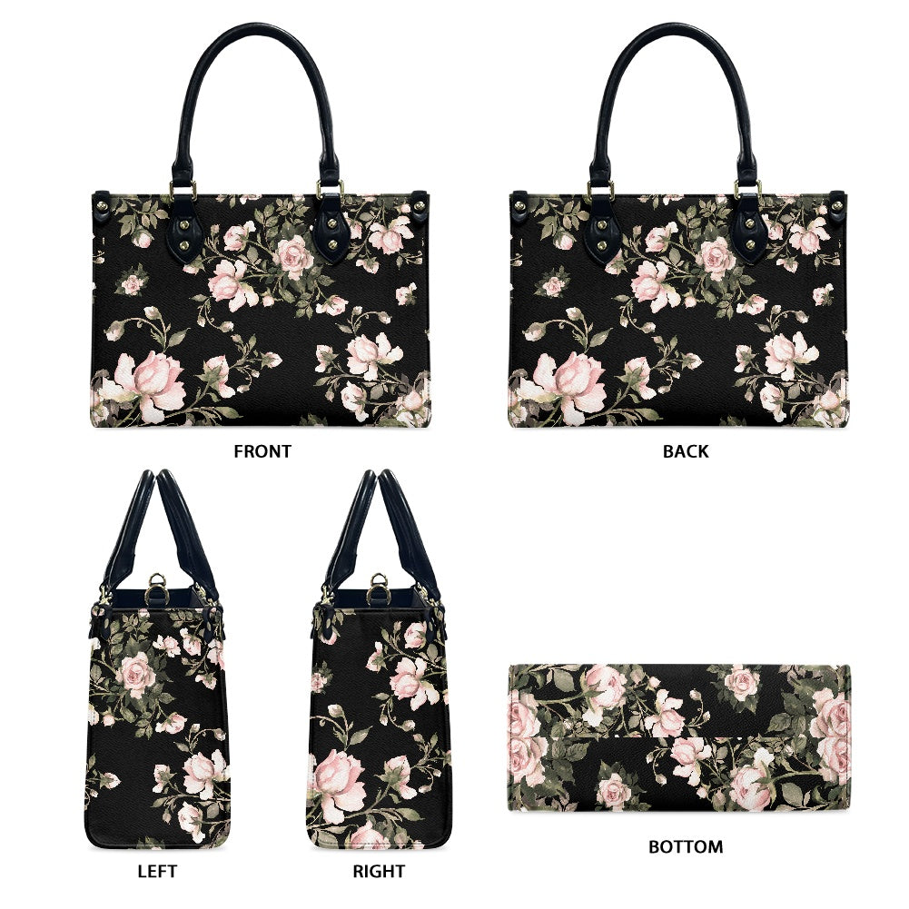 Black Floral Pattern Women's Vegan Leather Handbag