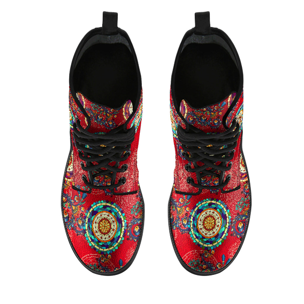 Handcrafted Paisley Mandala Women's Vegan Leather Combat Boots