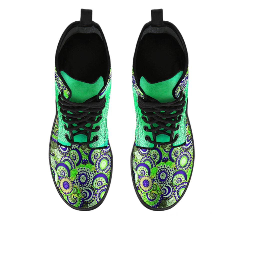 Green Paisley Mandala Handcrafted Women's Vegan Leather Boots