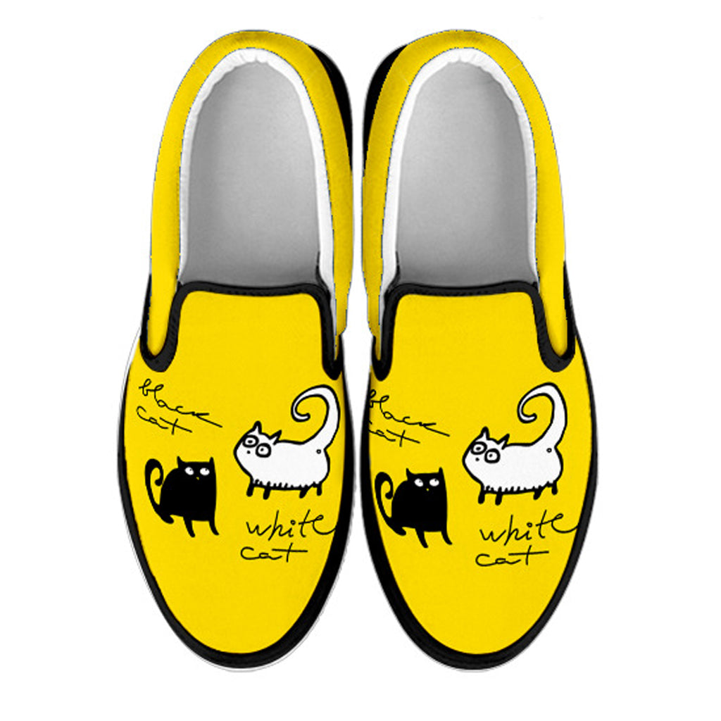 Black and White Cat on Yellow Women's Slip Ons