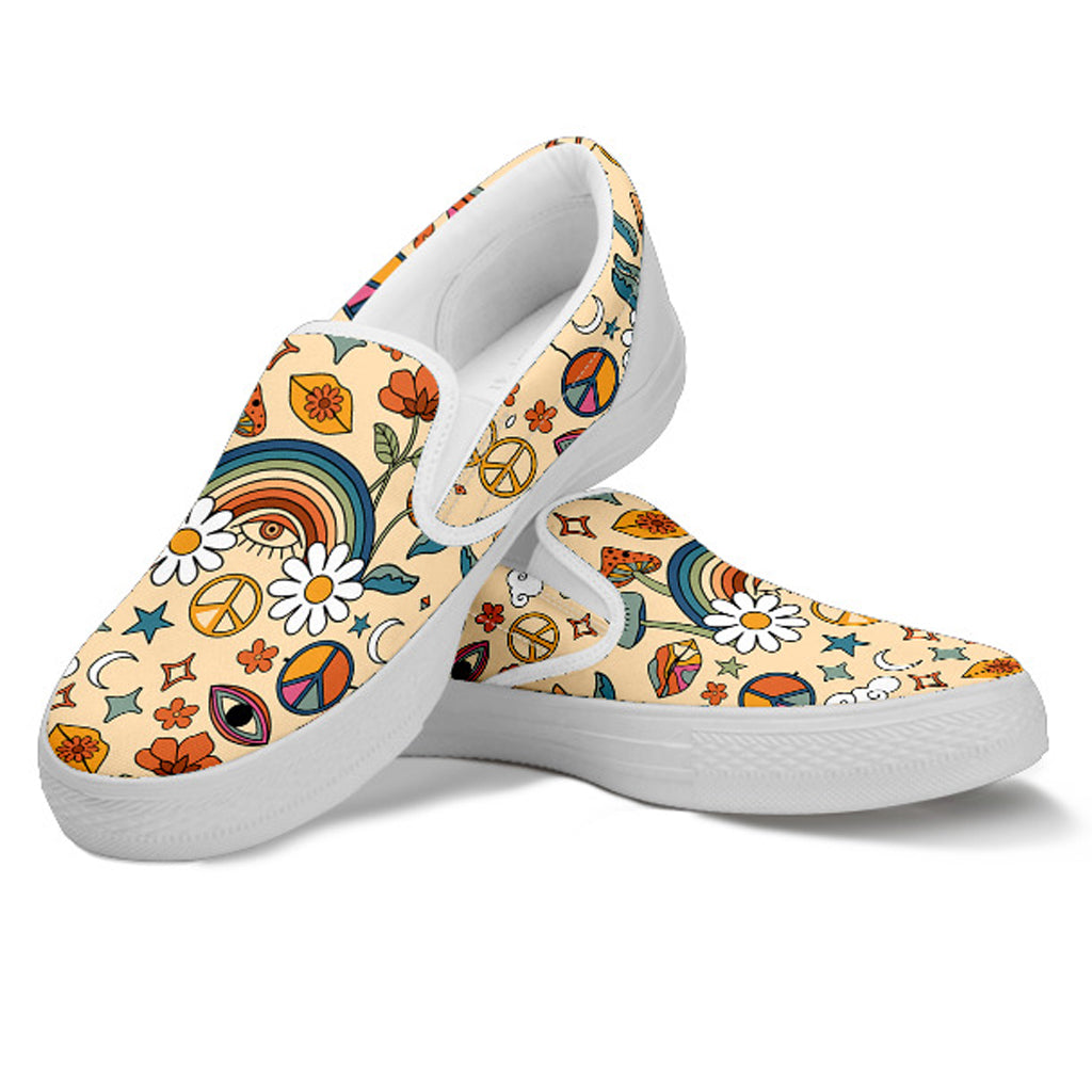 Hippy Rainbow Women's Slip Ons with Daisies