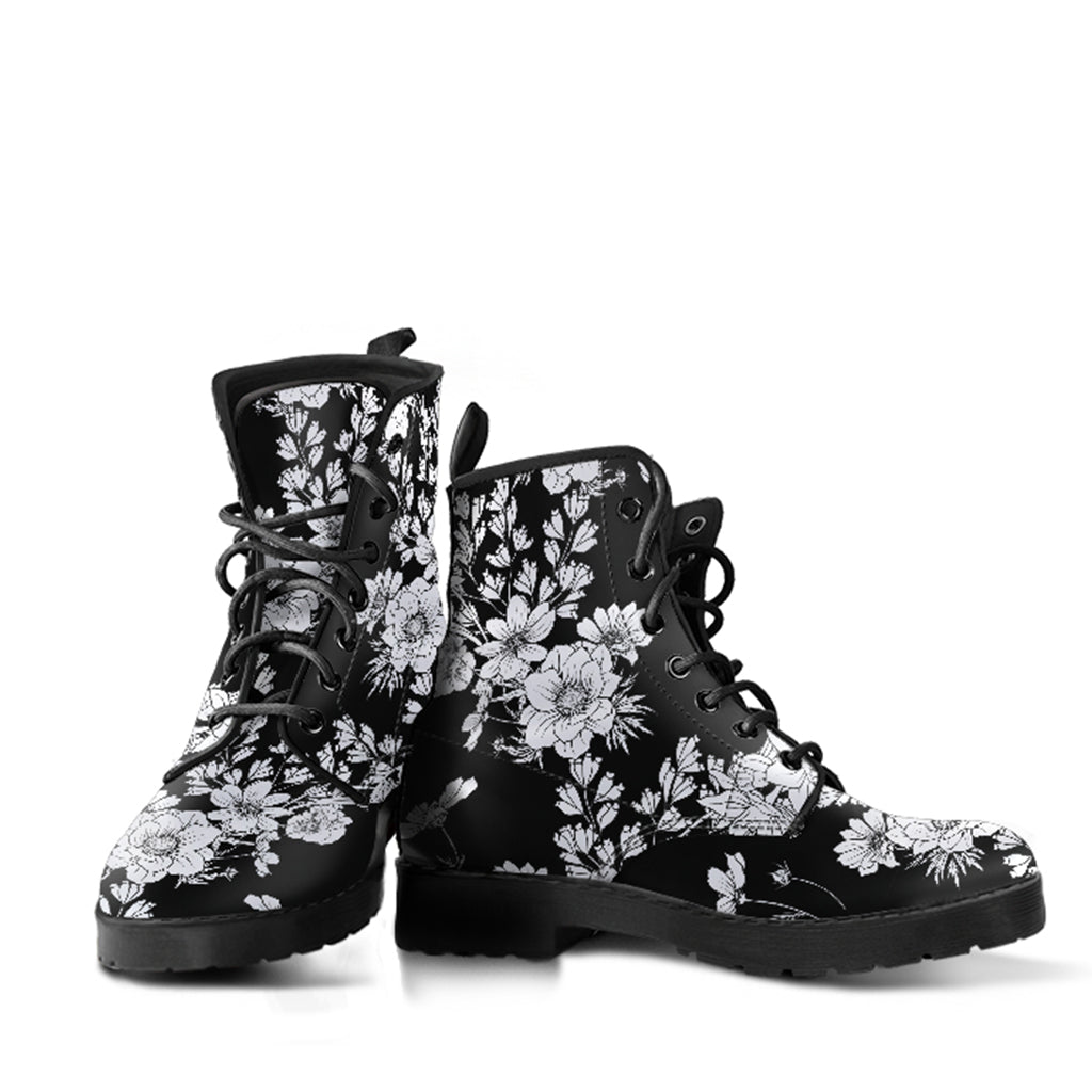 White Flowers Handcrafted Women's Vegan Leather Combat Boots