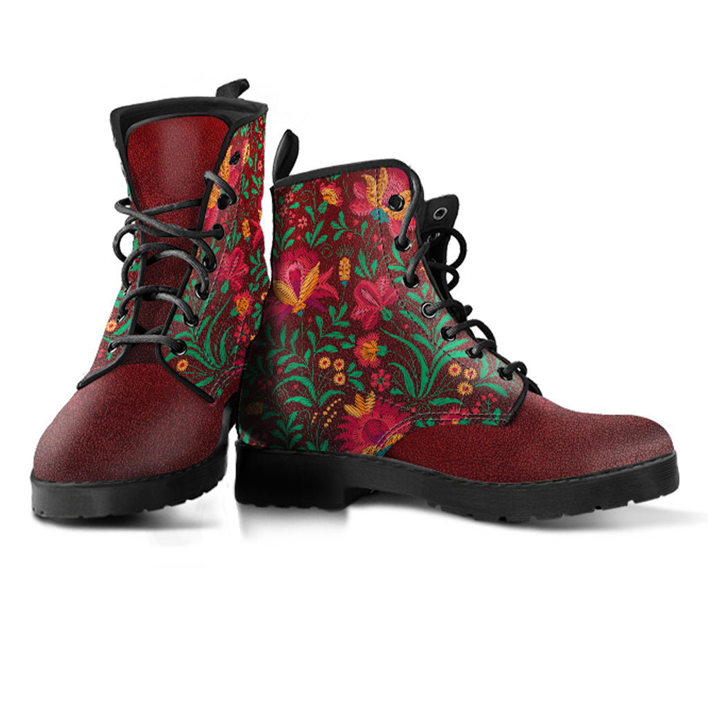 Rust Colored Floral Pattern Women's Vegan Leather Combat Boots