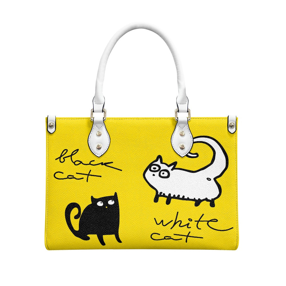 Black and White Cat on Yellow Women's Vegan Leather Handbag