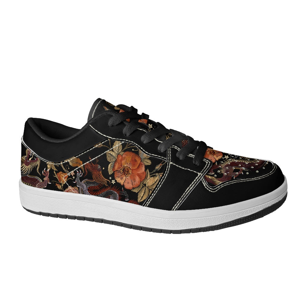 Two Chinese Dragons with Rose Flowers Vegan Leather Sneakers