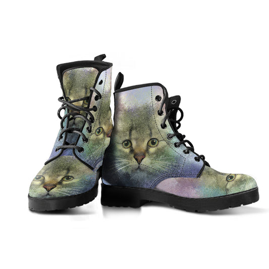 Cute Cat Face Women's Vegan Leather Combat Boots