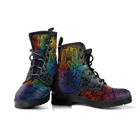 Colorful Hamsa Hand Handcrafted Women's Vegan Leather Combat Boots