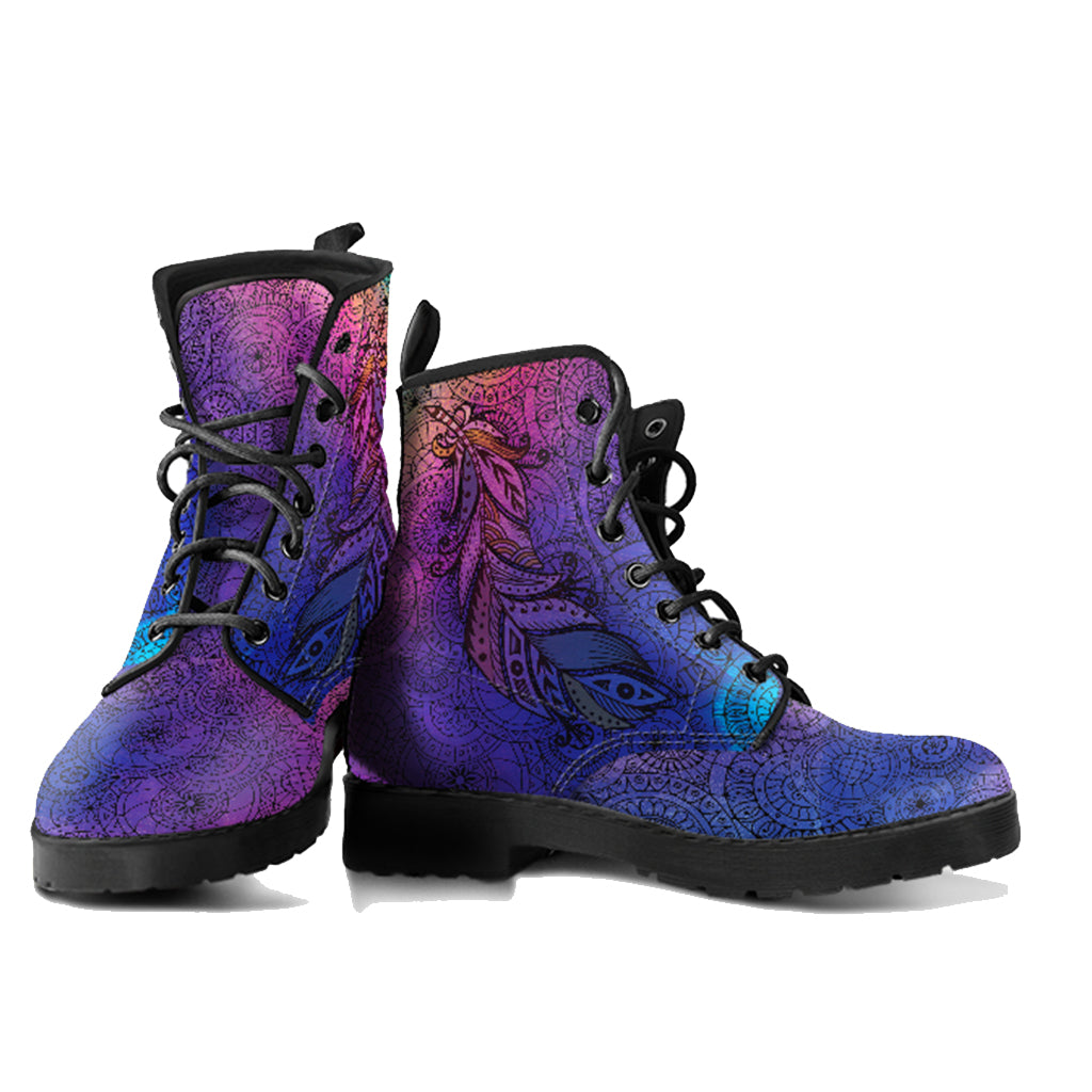 Purple Feather Mandala Vegan Leather Combat Boots