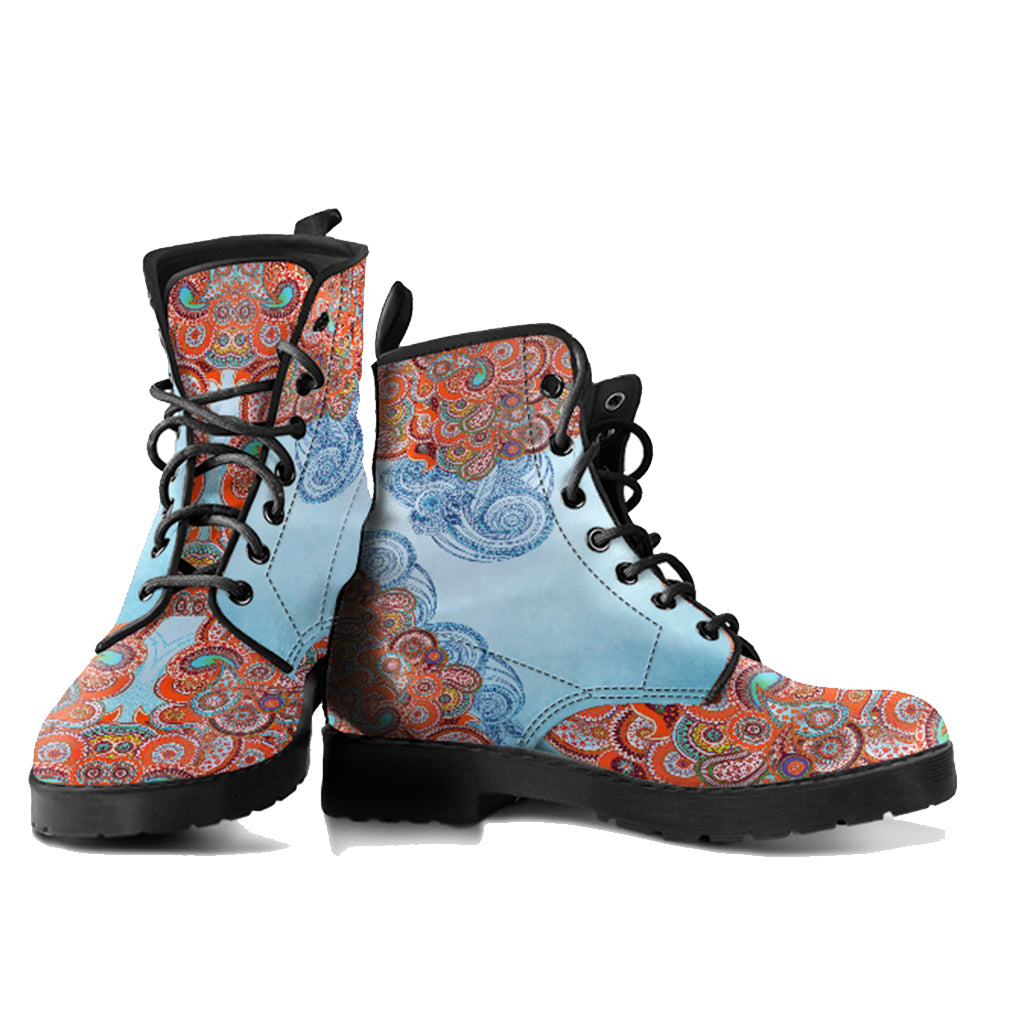 Blue Paisley Mandala Handcrafted Women's Vegan Leather Combat Boots