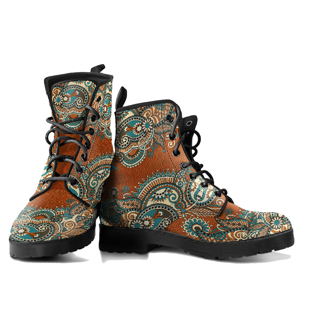 Brown Paisley Handcrafted Women's Vegan Leather Combat Boots