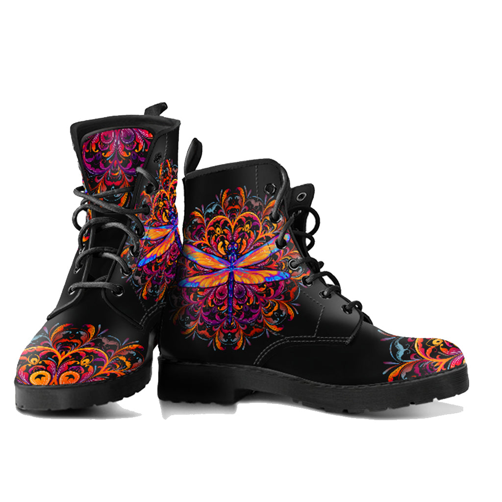 Bright Dragonfly Mandala Handcrafted Vegan Leather Combat Boots