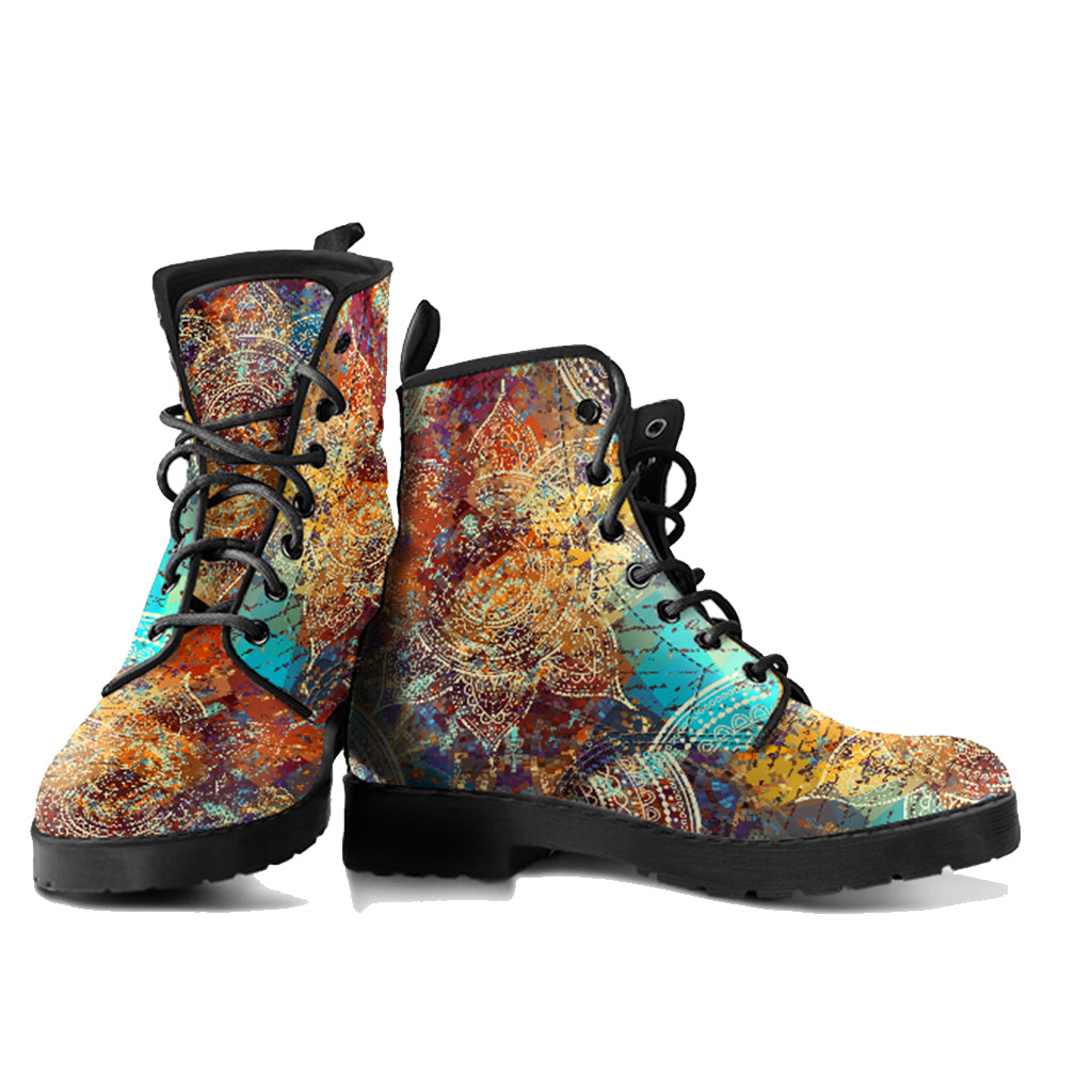 Vintage Mandala with Turquoise Splash Handcrafted Women's Vegan Leather Combat Boots