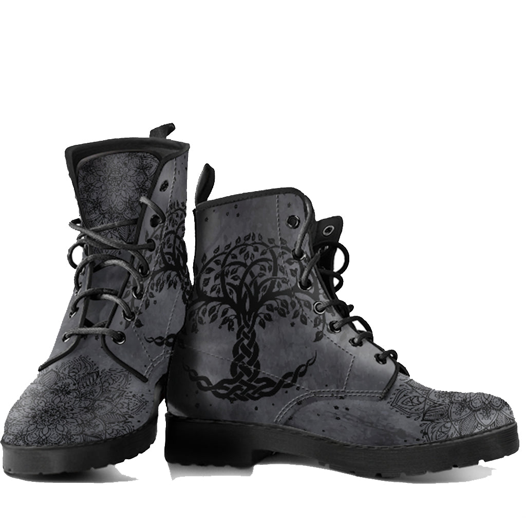 Grey Tree Of Life Handcrafted Women Vegan Leather Boots